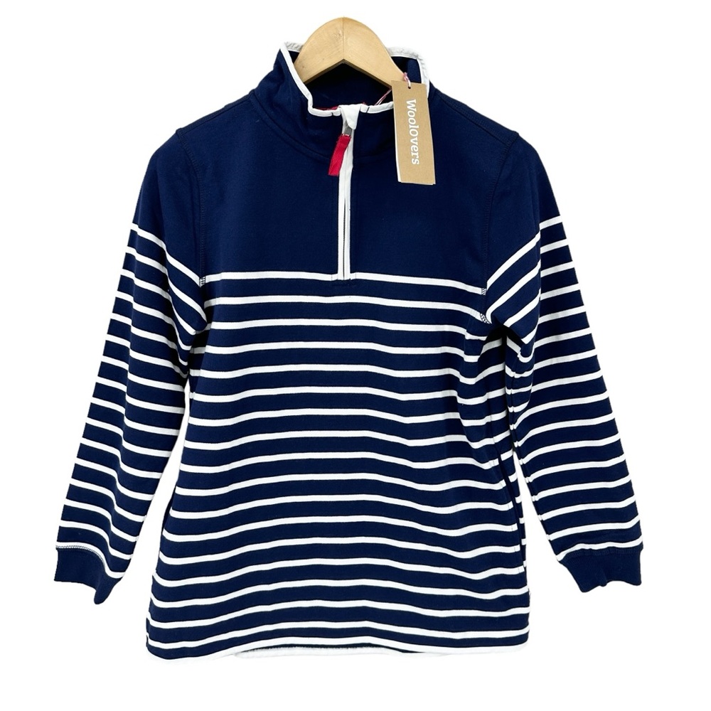 WOOLOVERS Sweatshirt Organic Cotton Half Zip Stripe Blue White